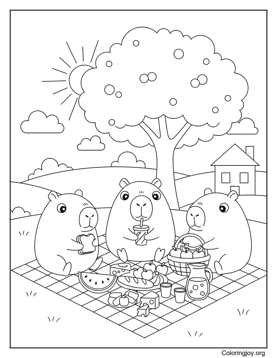 Sunny togetherness fills a picnic scene where capybaras share snacks and laughter.