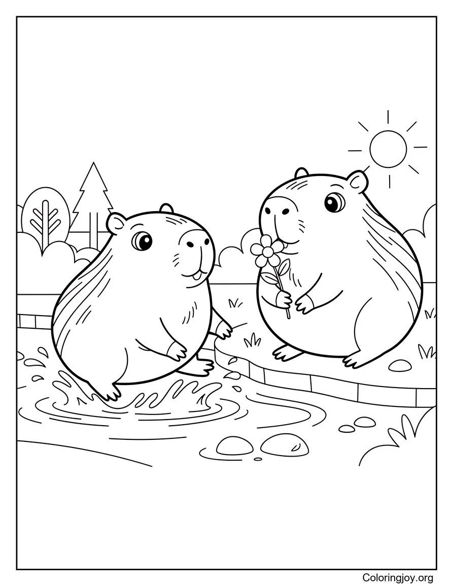 Friendship shines brightly as two capybaras play together beside a calm riverbank.