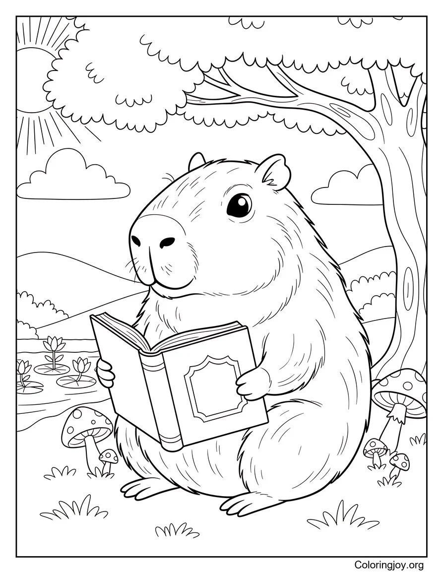Quiet relaxation settles as a friendly capybara enjoys reading with calm focus.