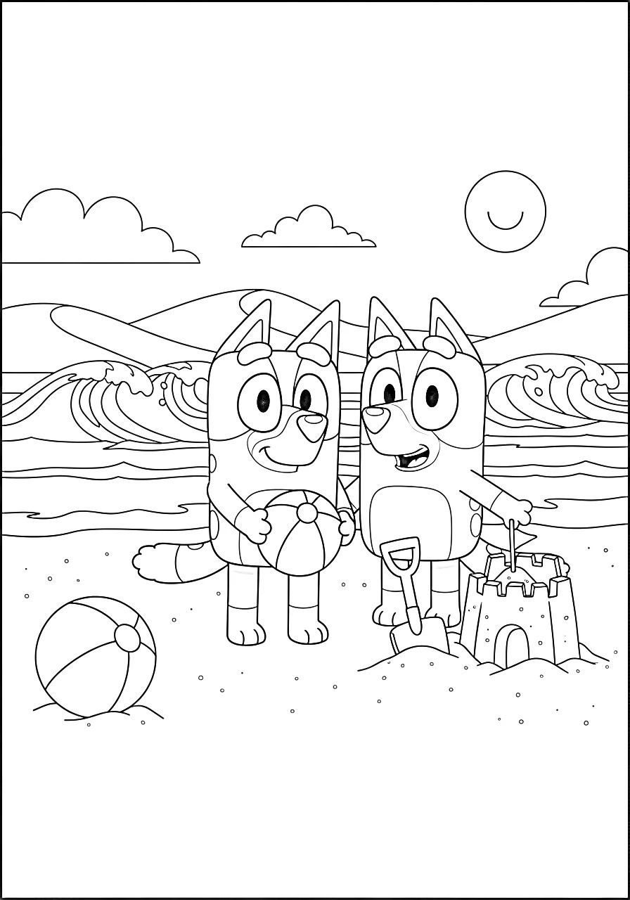 Bluey and Bingo Summer Beach Fun Coloring Page