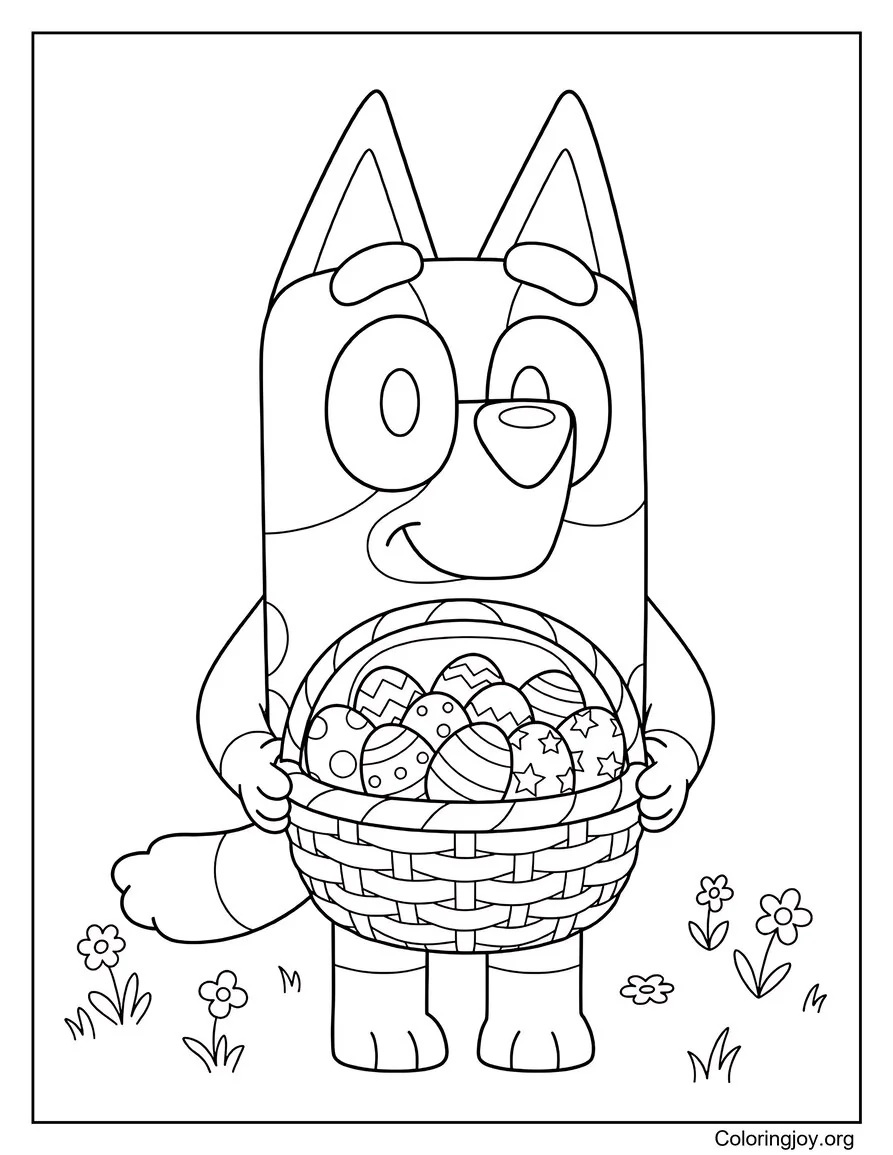 With a big smile, Bluey lifts a basket filled to the top.