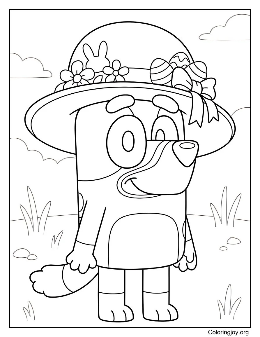 Wearing a festive bonnet, Bluey shows off a fun Easter look.