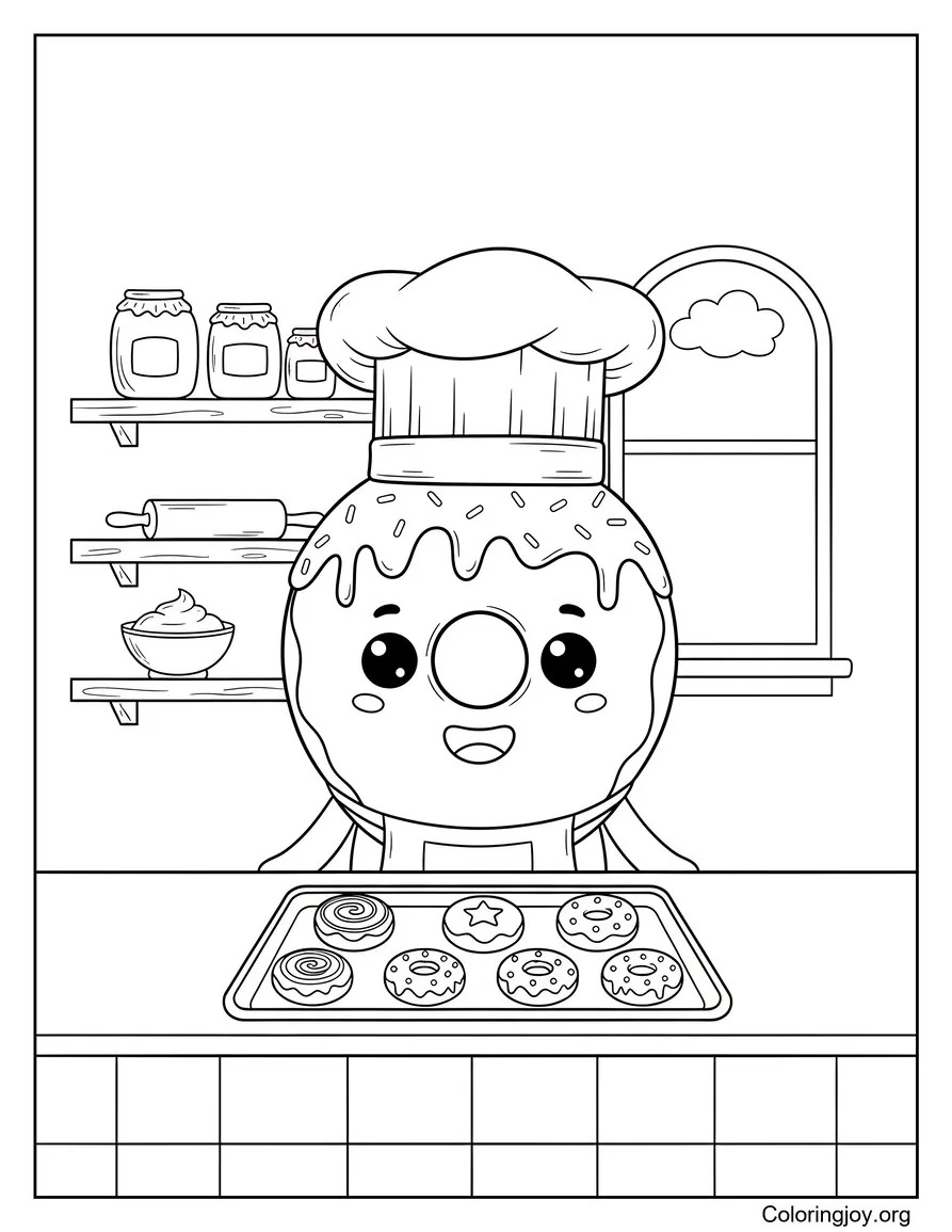 This chef donut decorates a tray of mini donuts in a bakery.