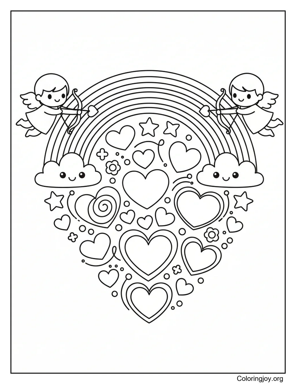 Valentine hearts fill the page in a playful and relaxing scene.