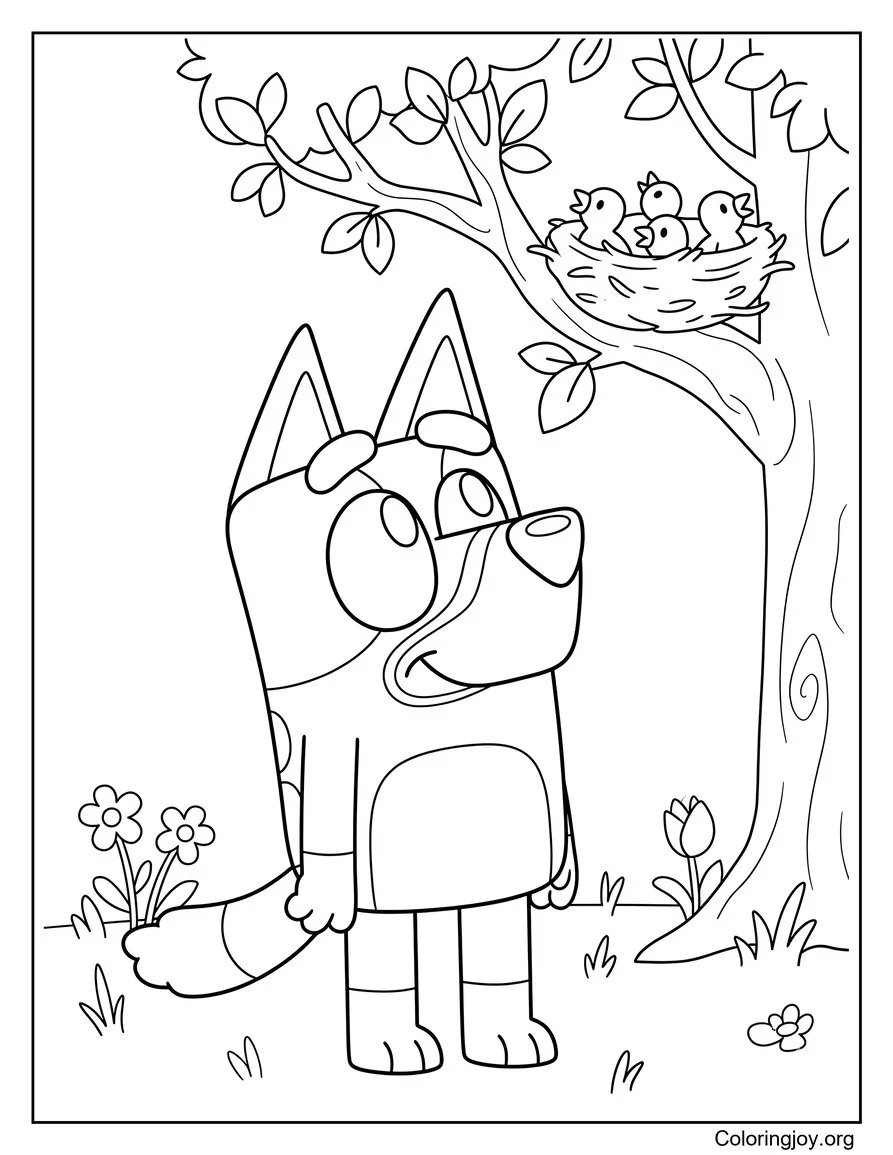 Bluey Looking At A Bird Nest In A Tree Coloring Page