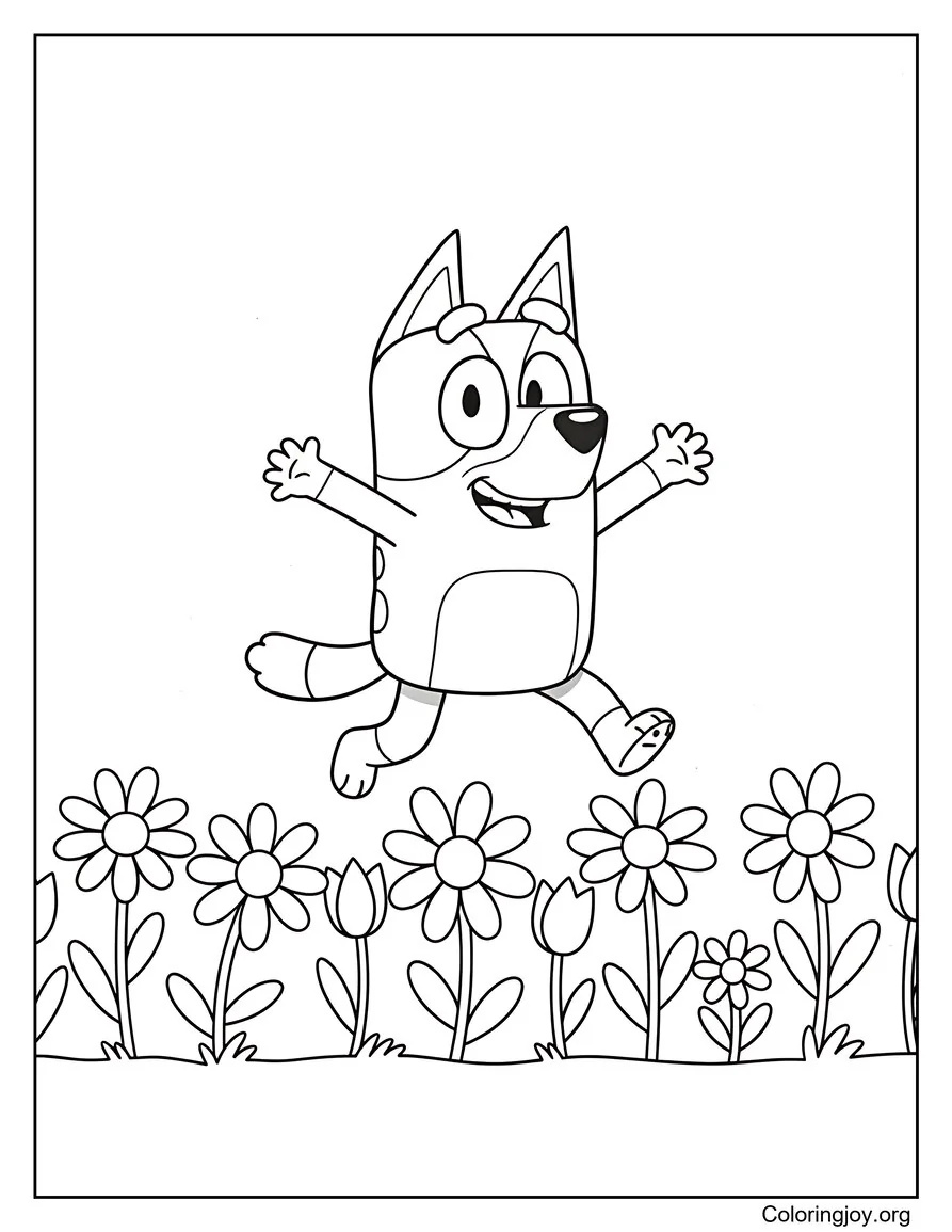 Bluey Playing In A Field Of Spring Flowers