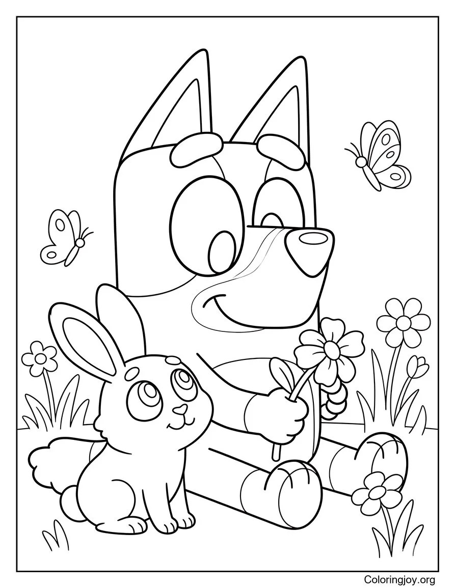 Bluey Playing With A Friendly Bunny In Spring Coloring Page
