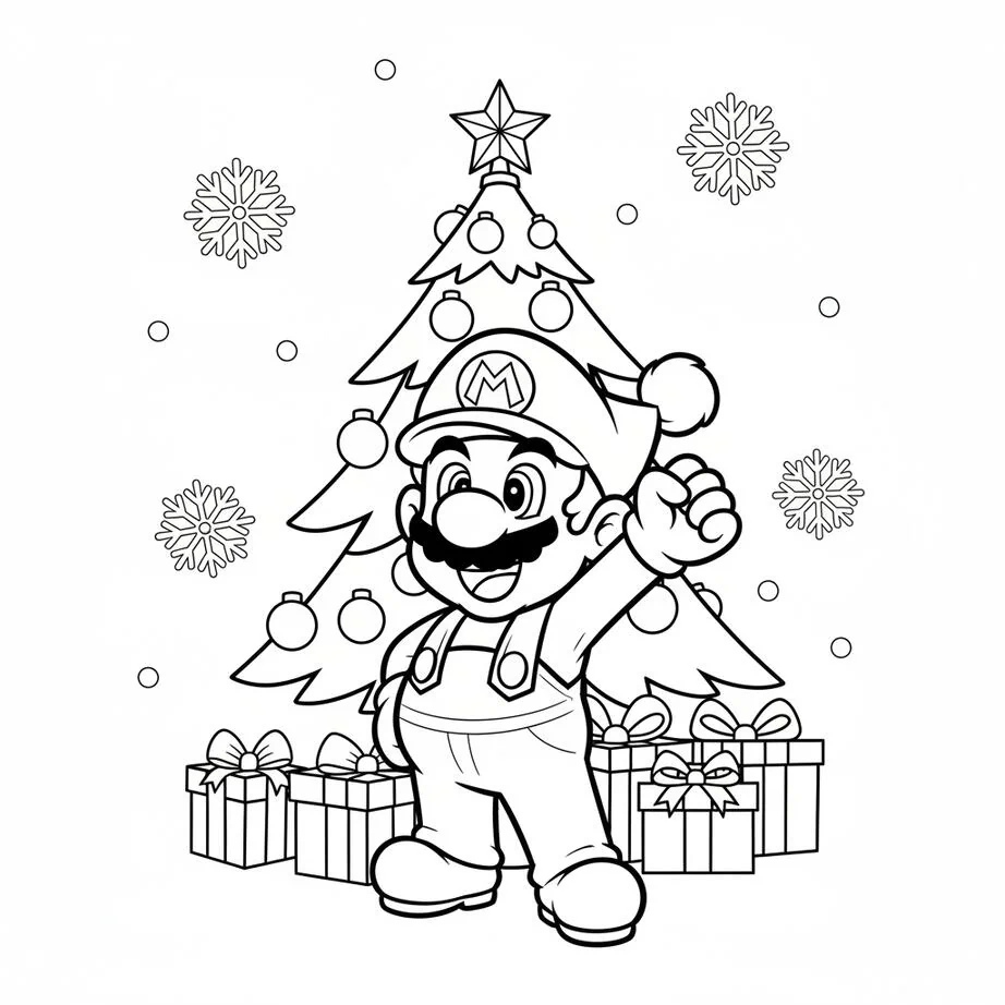Cheerful Mario Festive Christmas Coloring Page