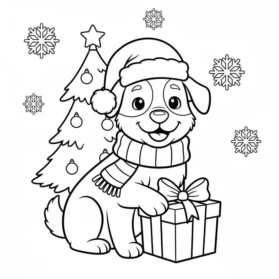 Christmas Dog with Santa Hat and Present Coloring Page