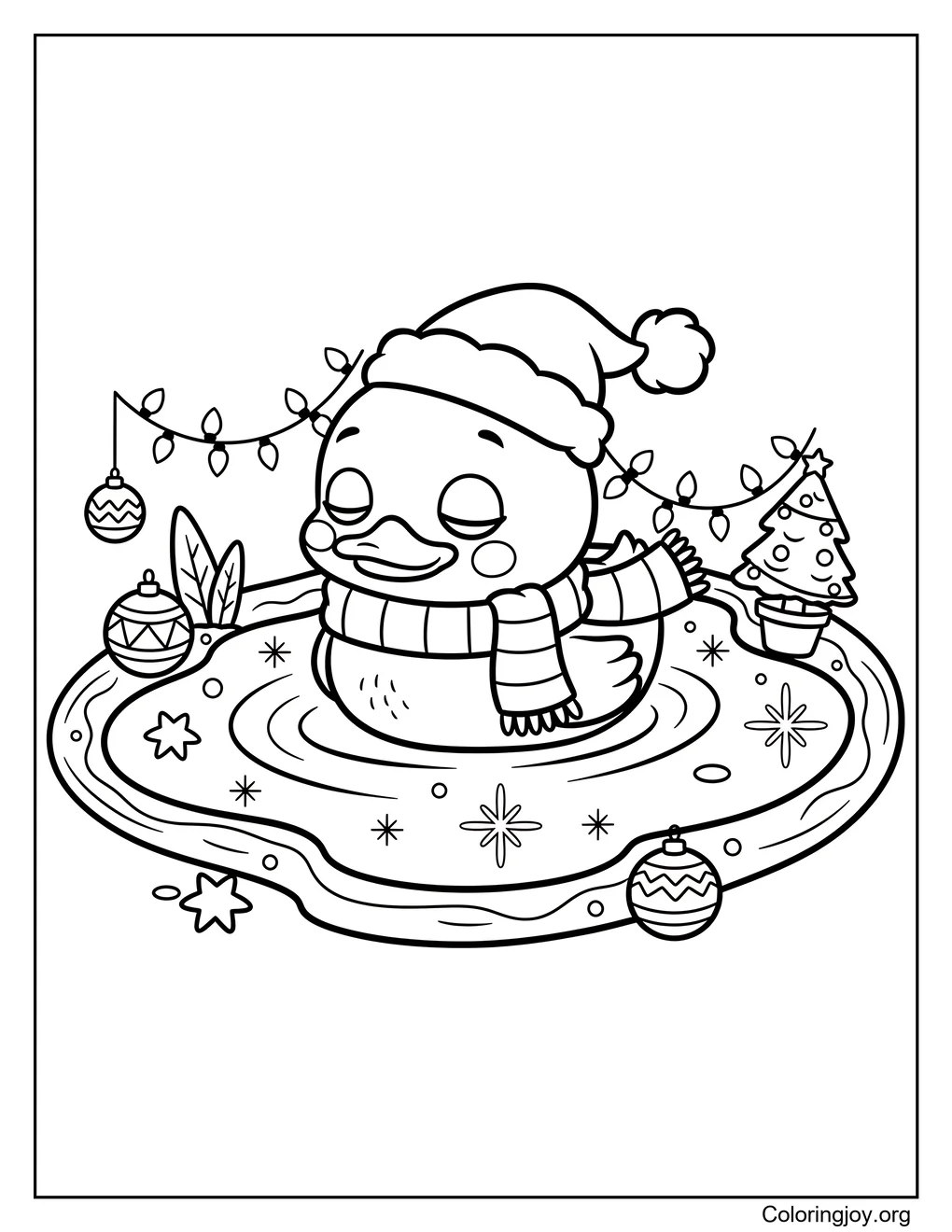 Cute Duckling at Christmas Pond Coloring Page