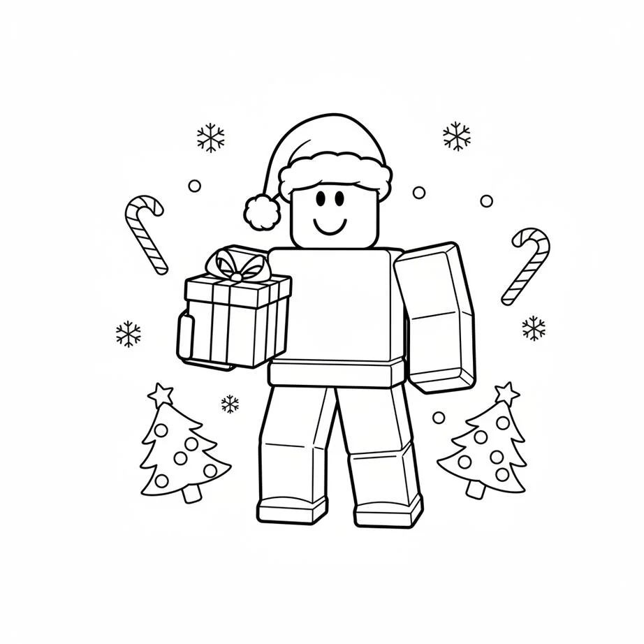 Festive Roblox Avatar with Santa Hat and Christmas Present Coloring Page