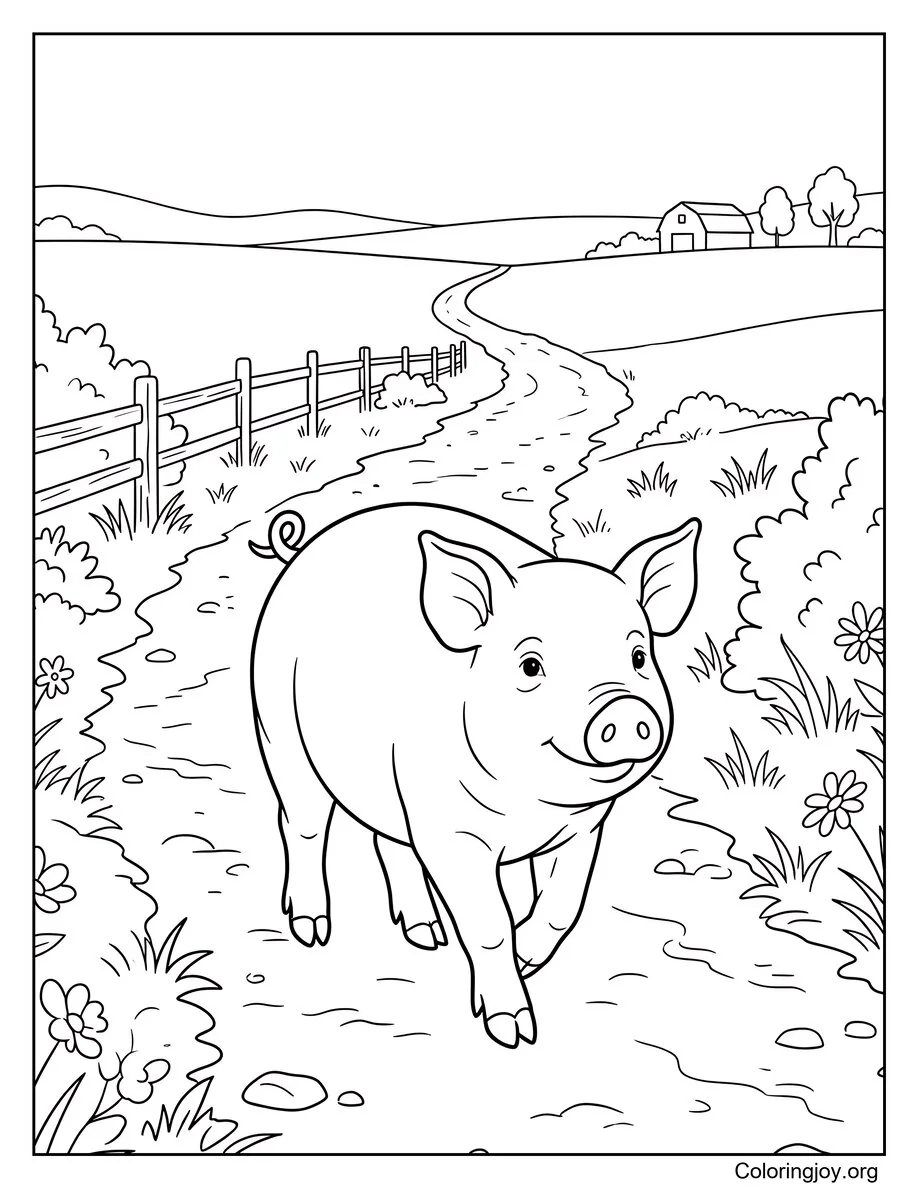 A pig walks along a dirt farm path.
