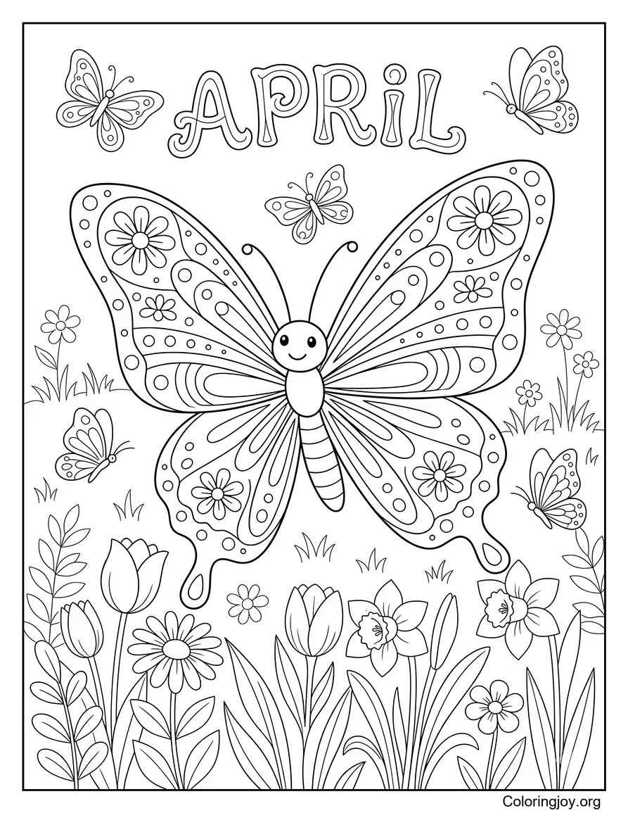 Above the blooming flowers, many butterflies flutter gently around the word April.
