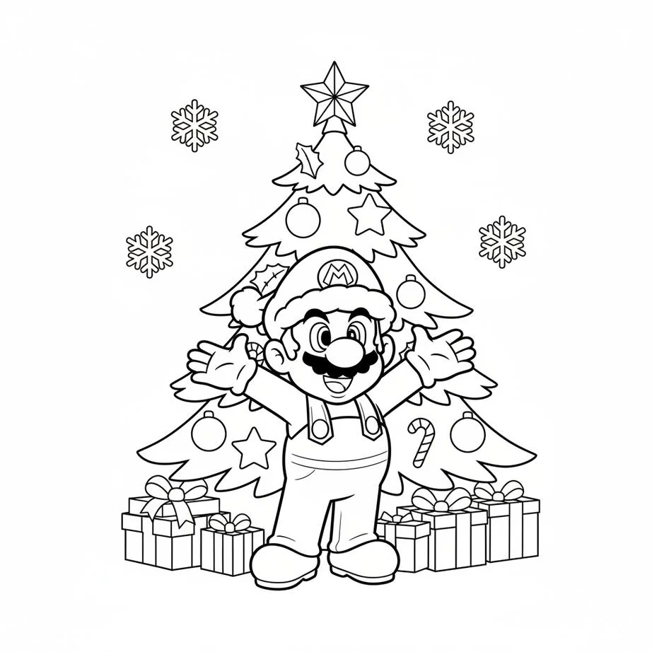 Super Mario Christmas Scene with Santa Hat Coloring Page