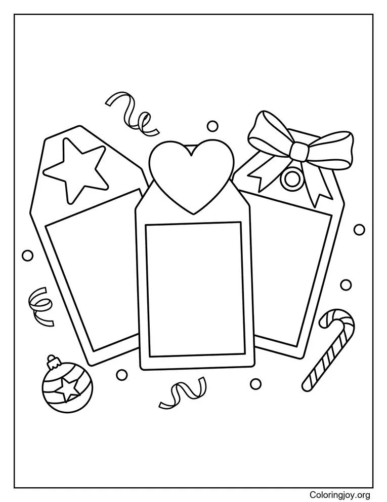 Festive Gift Tags with Stars Hearts and Bows Coloring Page