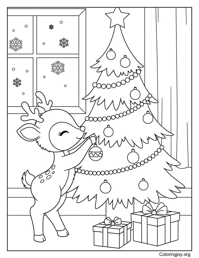 Reindeer decorating a Christmas tree coloring page