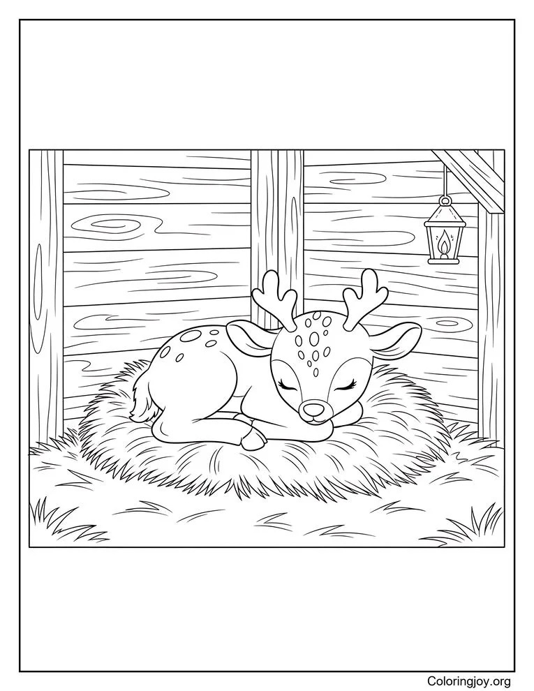 Reindeer resting inside a cozy stable on Christmas Eve coloring page