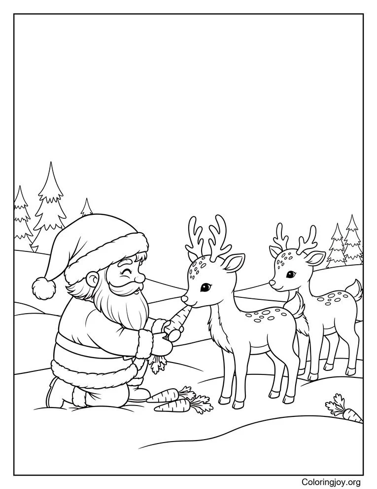 Santa feeding carrots to his reindeer coloring page