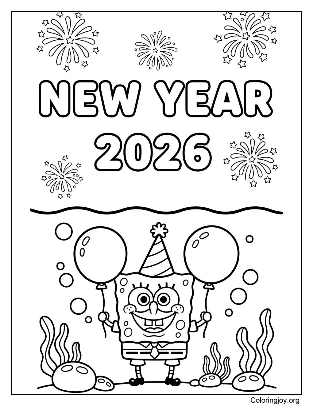 SpongeBob New Year 2026 coloring sheet