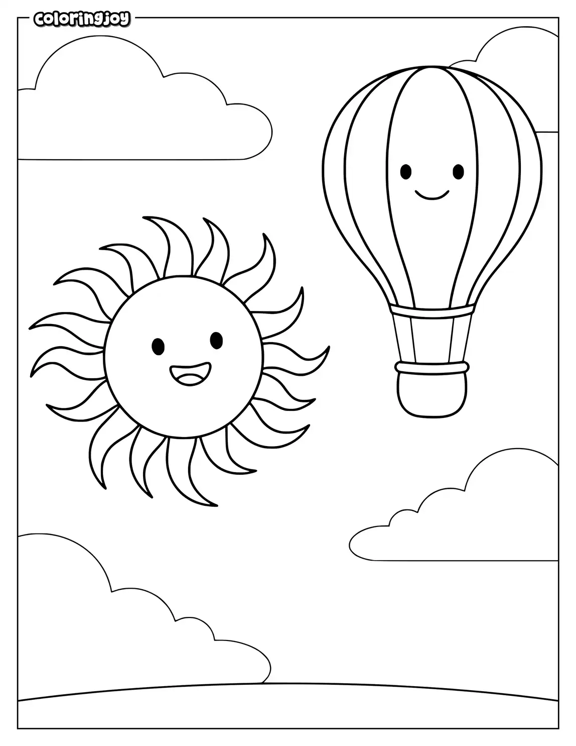 Cheerful sun beside a floating balloon.
