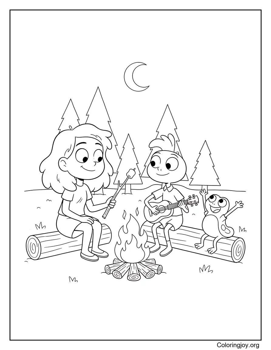 Friends sitting together around a glowing campfire at night.