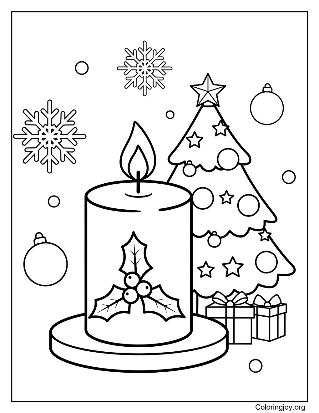 Candle Near Christmas Tree Coloring Page