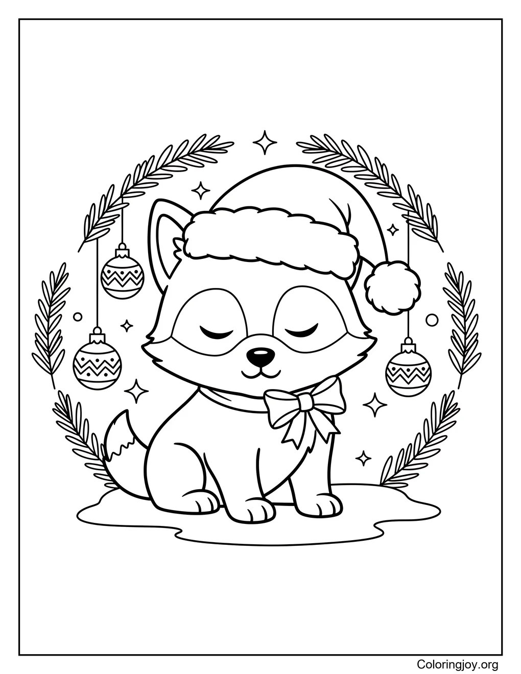Wolf Pup in Winter Christmas Scene Coloring Page