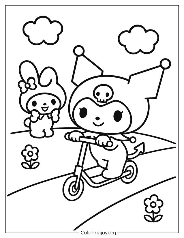 A color page of Kuromi Learns to Ride a Scooter