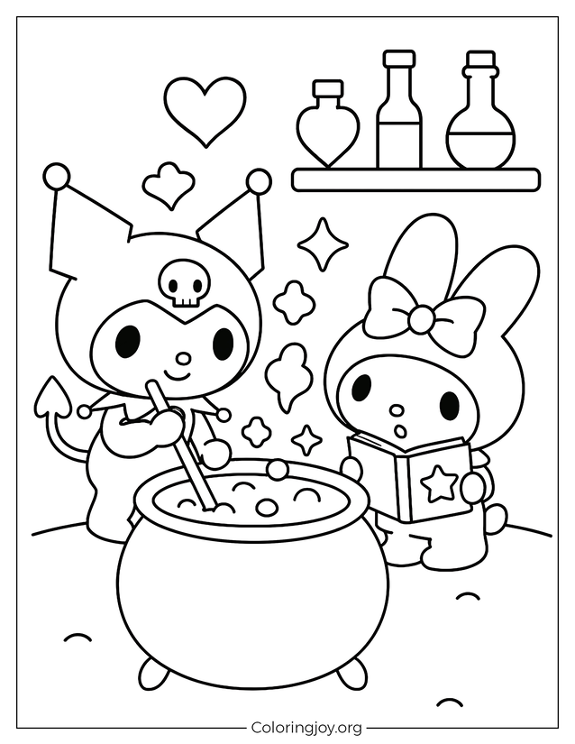 Coloring Sheet of Kuromi Mixing Magic Potion with Stars and Hearts