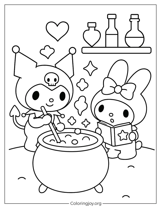 Coloring Sheet of Kuromi Mixing Magic Potion with Stars and Hearts