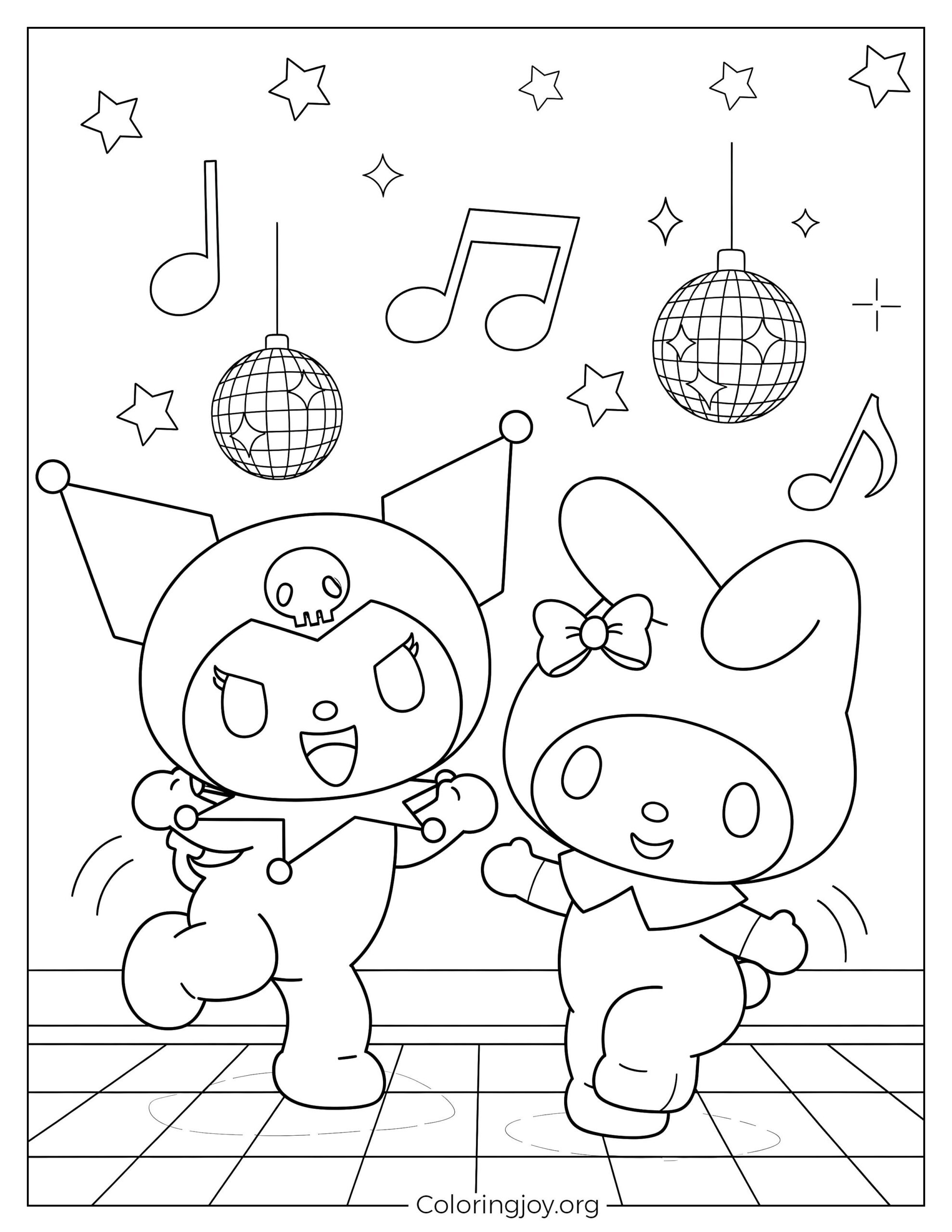 Cute Kuromi and My Melody Dance Battle Printable Coloring Sheet