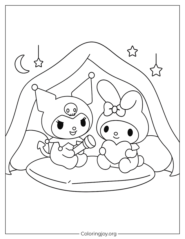 Cute Nighttime Pillow Fort Drawing Outline for Kids