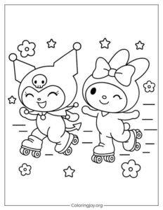 Cute Roller Skating Scene of Kuromi and My Melody to Color
