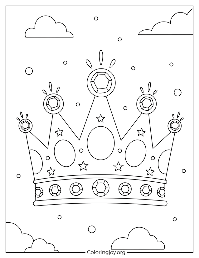 A simple crown with big round gems, stars, and clouds, drawn in clean thin outlines and easy open shapes perfect for beginners.