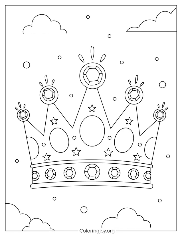 A simple crown with big round gems, stars, and clouds, drawn.