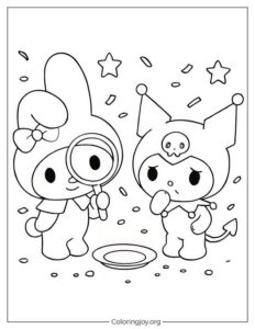 Easy Outline of Kuromi and My Melody Mystery Scene for Kids
