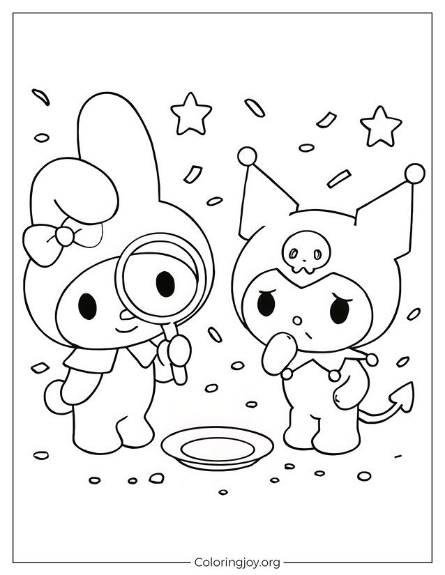 Easy Outline of Kuromi and My Melody Mystery Scene for Kids