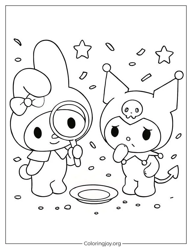 Easy Outline of Kuromi and My Melody Mystery Scene for Kids