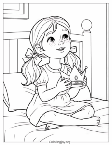 Girl Playing with a Crown on Her Bed coloring page