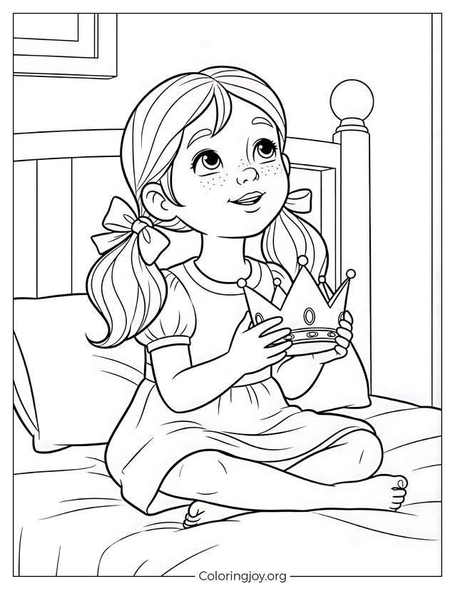Girl Playing with a Crown on Her Bed coloring page