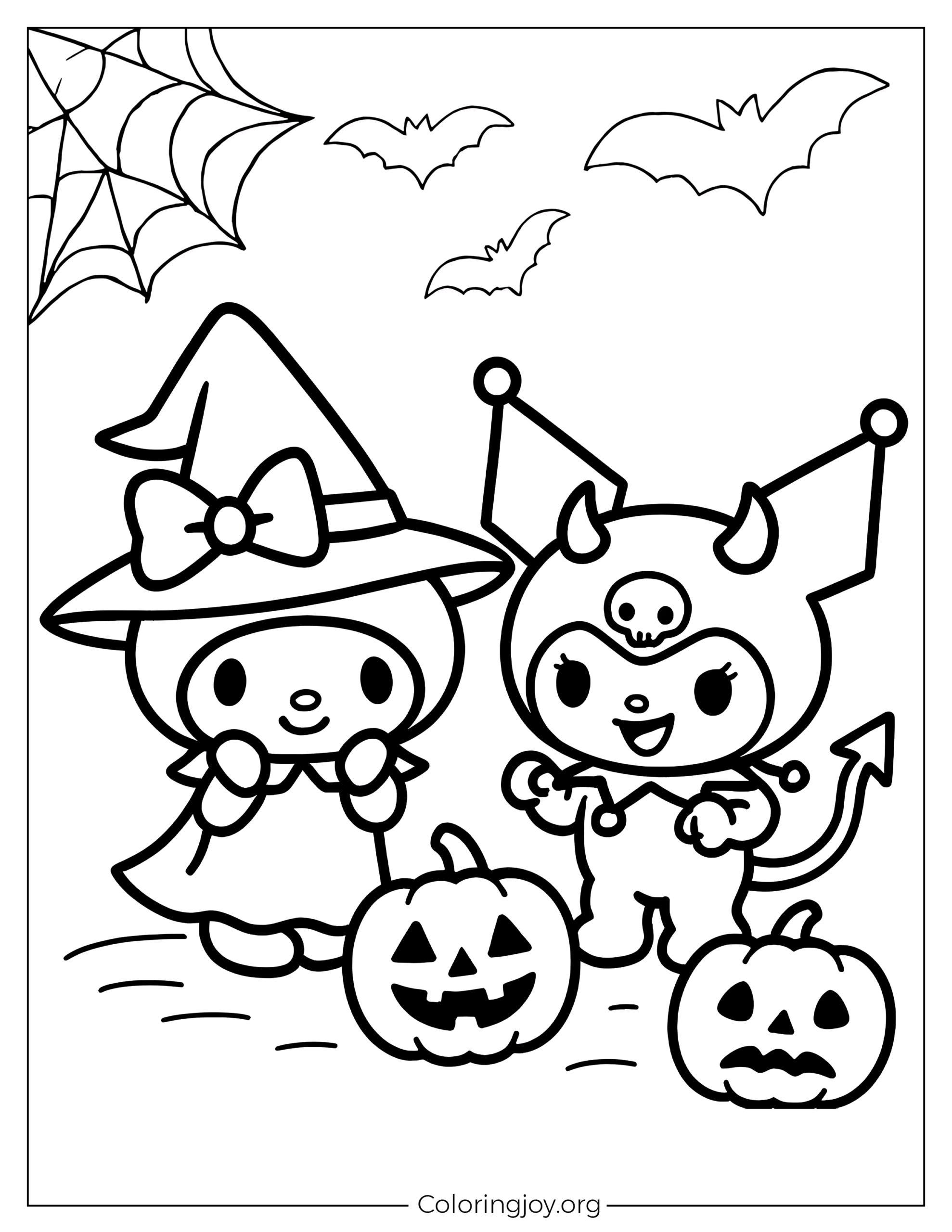 Cute Halloween coloring page featuring My Melody as a bunny witch and Kuromi as a devil, with pumpkins, bats, and spider webs.