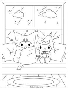 Kuromi Wrapped in Blanket with My Melody Drinking Tea to Color