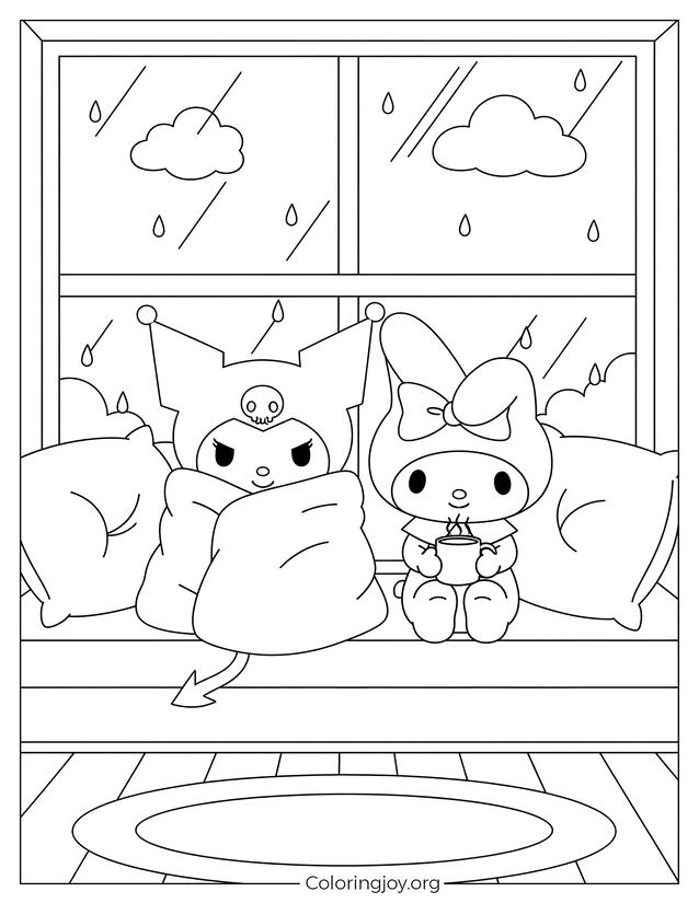 Kuromi Wrapped in Blanket with My Melody Drinking Tea to Color