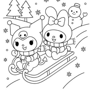 Kuromi and My Melody Sliding Down a Snowy Hill to Color