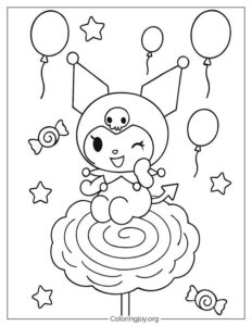 Kuromi in the Sky with Balloons and Candy – Coloring Activity Page