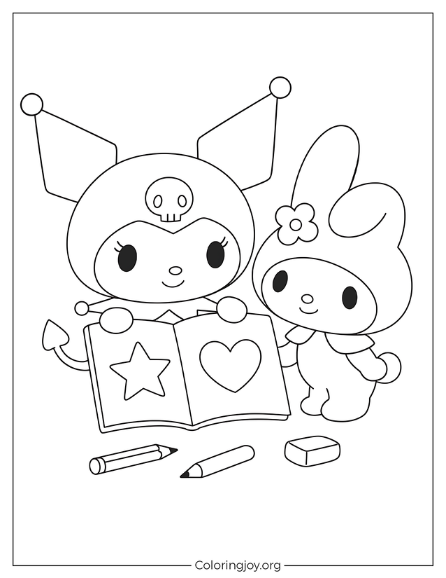 Printable Kuromi and My Melody Art Time Coloring Page for Kids