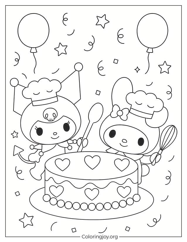 Sanrio Bake-Off Scene with Kuromi and My Melody Easy Outline for Kids