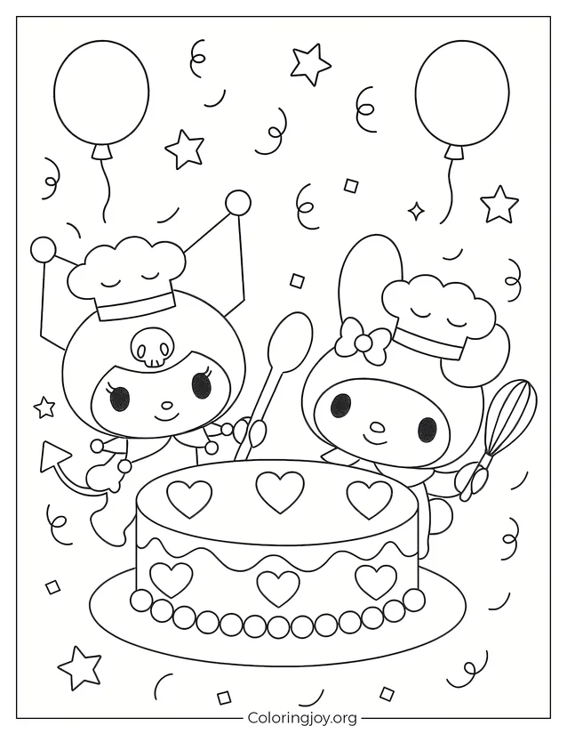 Sanrio Bake-Off Scene with Kuromi and My Melody Easy Outline for Kids