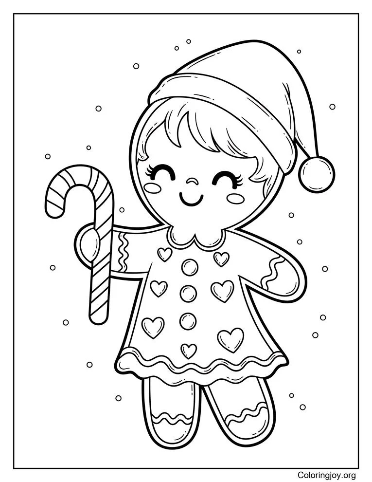 coloring Sheet of Easy gingerbread girl with heart icing holding candy cane