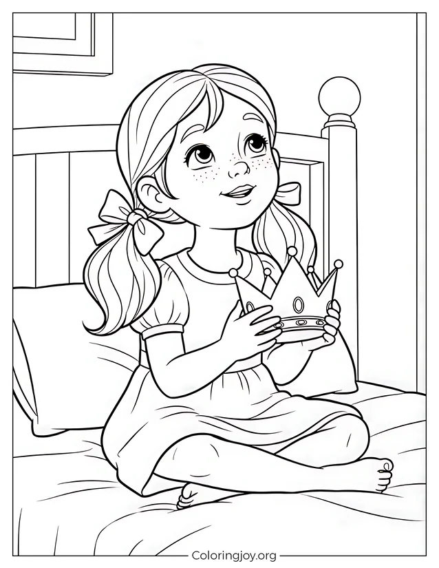 Dibujo de Niña Jugando con una Corona en su Cama para colorear